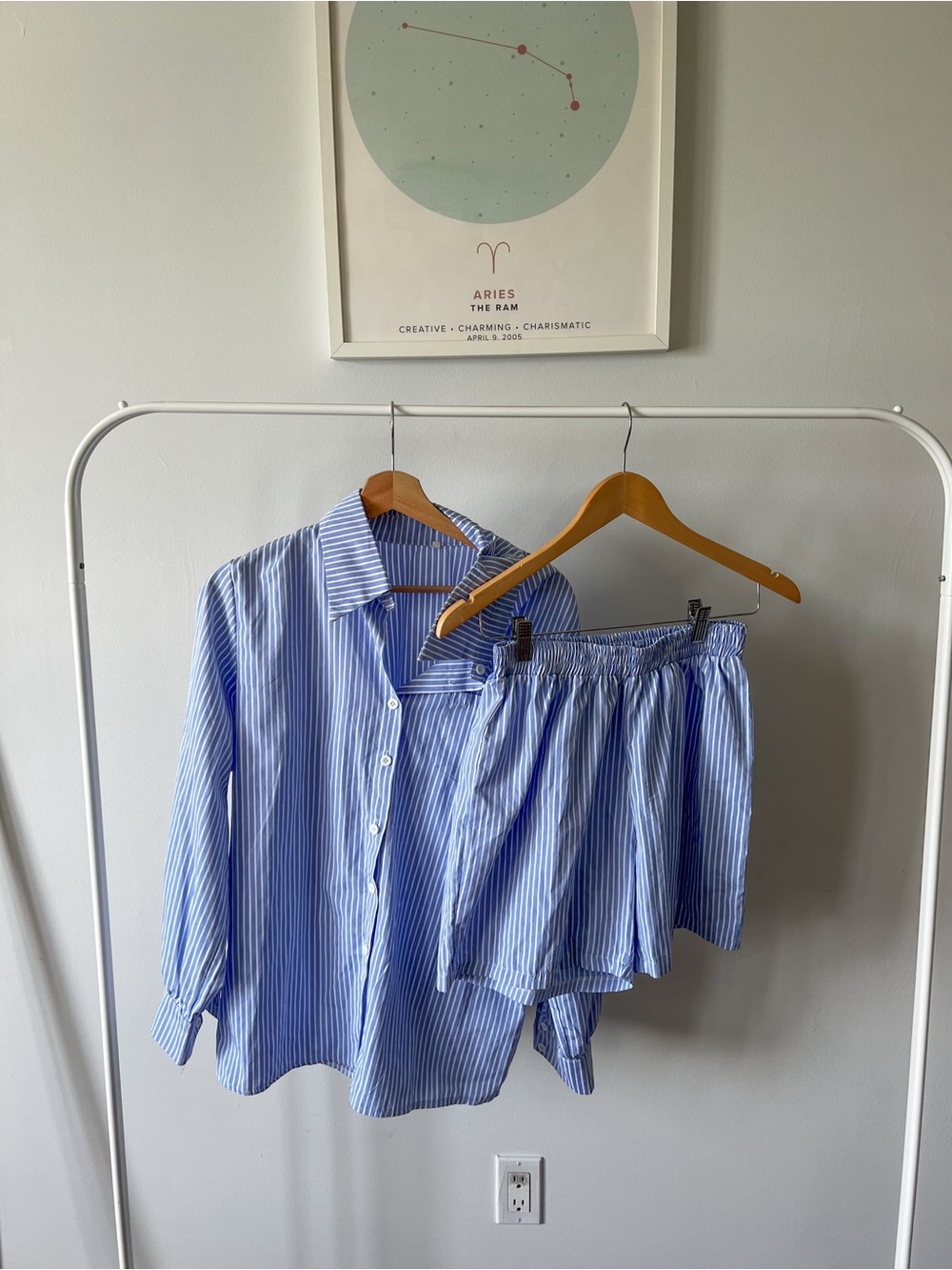 Blue & White Stripe Button-Up Shirt with Matching Shorts Set